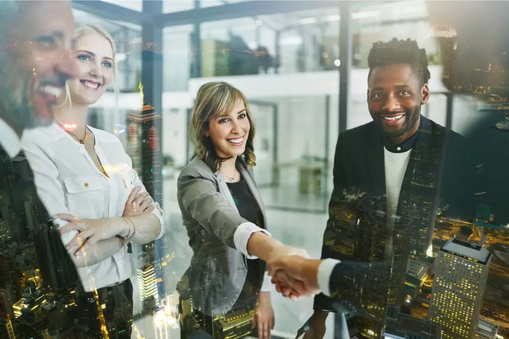 1team overlay and woman with handshake business a 2026 03 25 04 04 01 utc